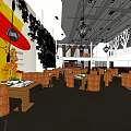 Restaurant Interior Design With Rattan Chairs Dining Tables Hanging Chandeliers And Green Plants