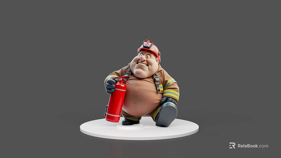 Cartoon Style Chubby Firefighter Character With Red Helmet Brown Suit And Fire Extinguisher 3d model 