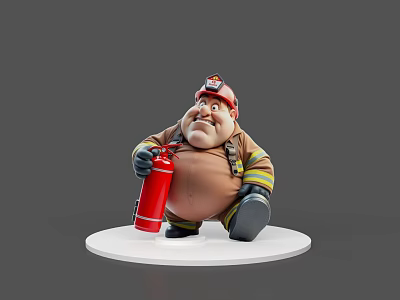 Cartoon Style Chubby Firefighter Character With Red Helmet Brown Suit And Fire Extinguisher 3d model