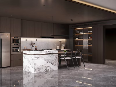 Modern Restaurant Open Kitchen Featuring Marble Island Dark Cabinets And Stainless Steel Appliances 3d model
