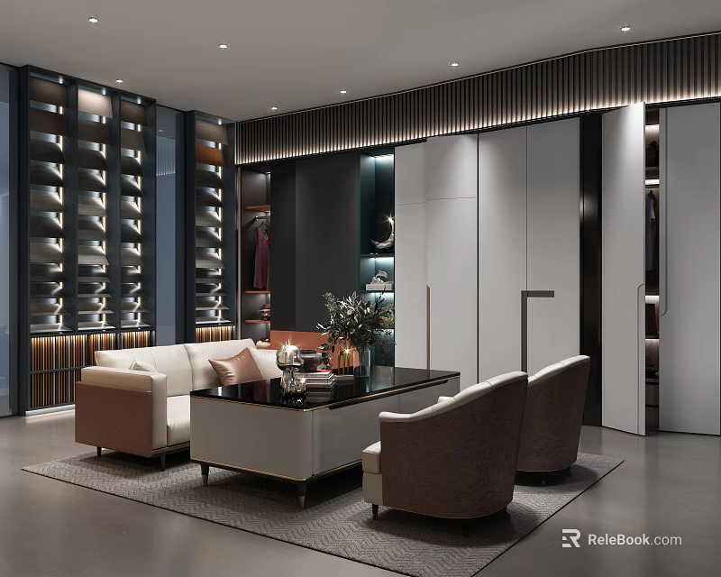 Modern Walk in Closet Interior Design With Shoe Racks Cabinets Sofa Chairs And Coffee Table 3d model 