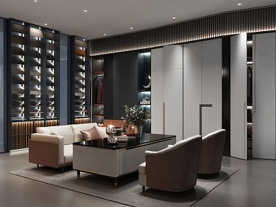 Modern Walk in Closet Interior Design With Shoe Racks Cabinets Sofa Chairs And Coffee Table 3d model