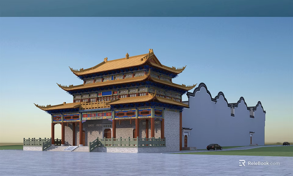 Traditional Chinese Ancient Architecture Featuring Golden Roof Overhanging Eaves White Walls and Gray Tiles 3d model 
