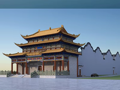 Traditional Chinese Ancient Architecture Featuring Golden Roof Overhanging Eaves White Walls and Gray Tiles 3d model