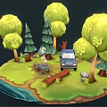 Vibrant Cartoon Scene With Green Trees Blue Car Small Character Grassland And Water Area