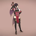Eastern Female Warrior with Fire Spirit Companion in Red Black Golden Outfit Holding Flaming Sword