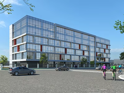 Modern Office Building with Glass Curtain Walls Multi Storey Design Trees Cars and Cyclists 3d model