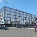 Modern Office Building with Glass Curtain Walls Multi Storey Design Trees Cars and Cyclists