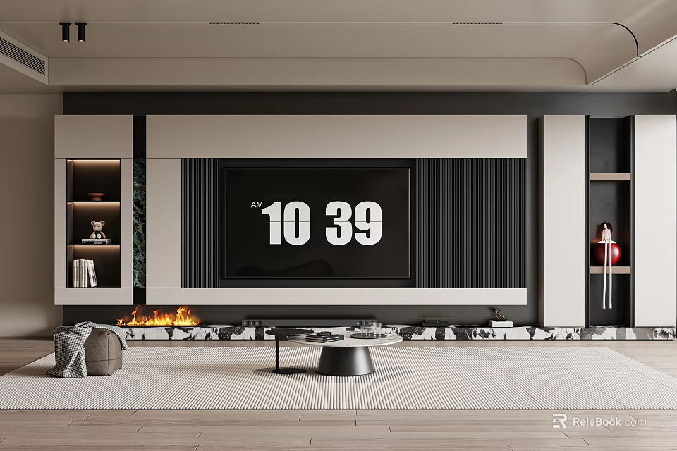Modern TV Background Wall Interior Design With Shelves Fire Elements And Rug 3d model