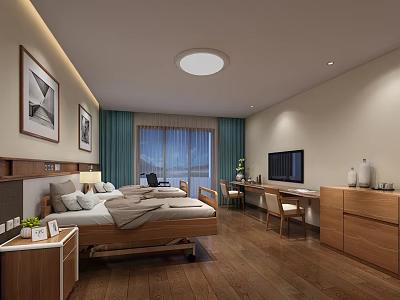 Cozy Bedroom Interior With Wooden Flooring Green Curtains TV And Paintings 3d model