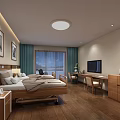 Cozy Bedroom Interior With Wooden Flooring Green Curtains TV And Paintings