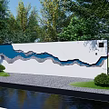Scenic Feature Wall With Wavy Design Illuminated At Night Surrounded By Trees And Water