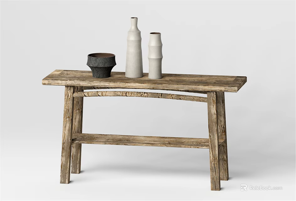 Rustic Wooden Console Table with Decorative Vases and Bowl for Home Decor 3d model 
