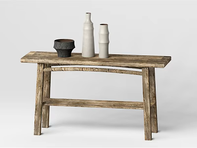 Rustic Wooden Console Table with Decorative Vases and Bowl for Home Decor 3d model