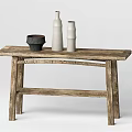 Rustic Wooden Console Table with Decorative Vases and Bowl for Home Decor