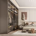 Modern Minimalist Bedroom Interior With Large Glass Wardrobe King Bed And Floor To Ceiling Windows