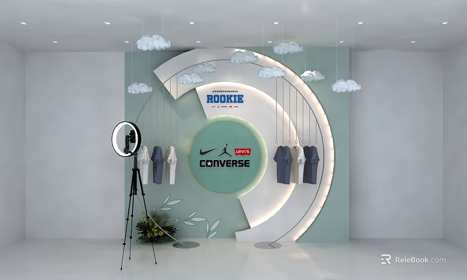 Live Stream Room with CONVERSE LI-NING Clothes Display Cloud Decorations and Camera Setup 3d model 