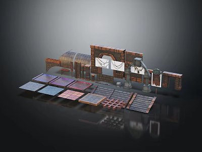 3D Building Model Components With Colored Panels Brick Structures And Grill Elements 3d model