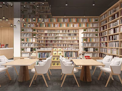 Relaxing Leisure Area Interior With Wooden Tables White Chairs And Bookshelves Full Of Books 3d model