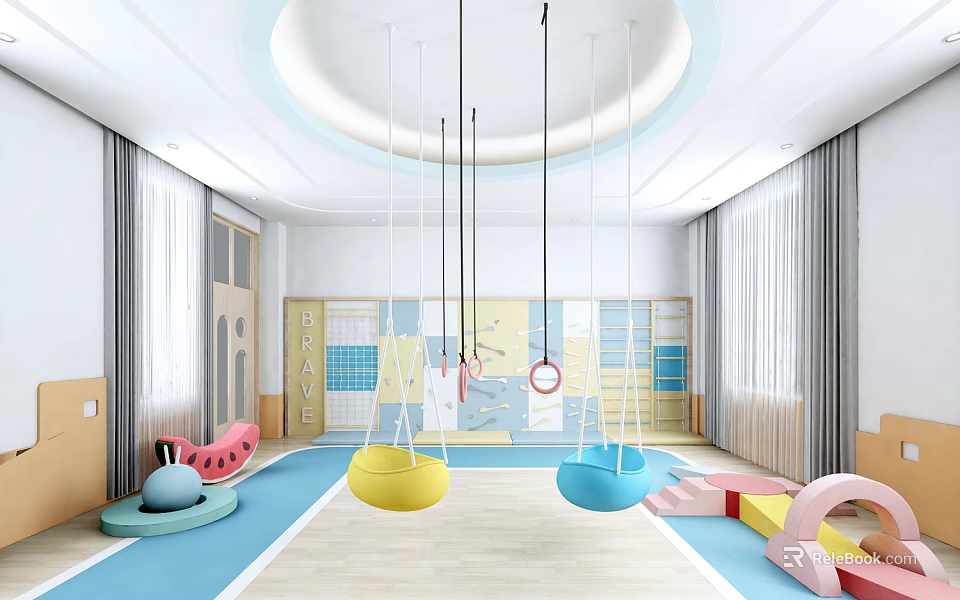 Kindergarten Playroom Interior With Yellow And Blue Hanging Swings Watermelon Shaped Toy And Colorful Blocks 3d model 