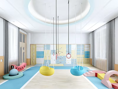 Kindergarten Playroom Interior With Yellow And Blue Hanging Swings Watermelon Shaped Toy And Colorful Blocks 3d model
