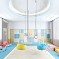 Kindergarten Playroom Interior With Yellow And Blue Hanging Swings Watermelon Shaped Toy And Colorful Blocks