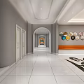 Sports Fitness Gym Corridor With White Tiled Floor And Gray Walls