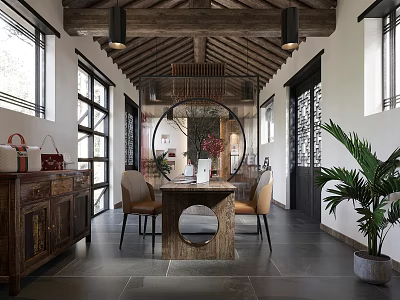 Traditional Chinese Style Furniture Store Interior With Wooden Table And Antiques 3d model