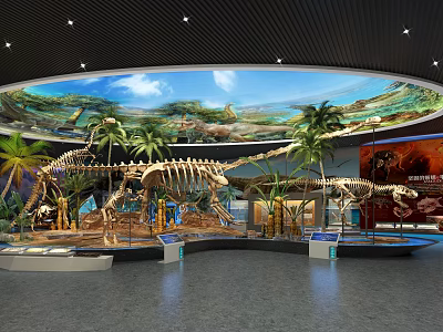 Cultural Center Exhibition Featuring Dinosaur Skeletons Palm Trees Exhibition Platforms And Natural Landscape Mural 3d model