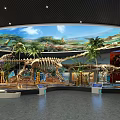 Cultural Center Exhibition Featuring Dinosaur Skeletons Palm Trees Exhibition Platforms And Natural Landscape Mural