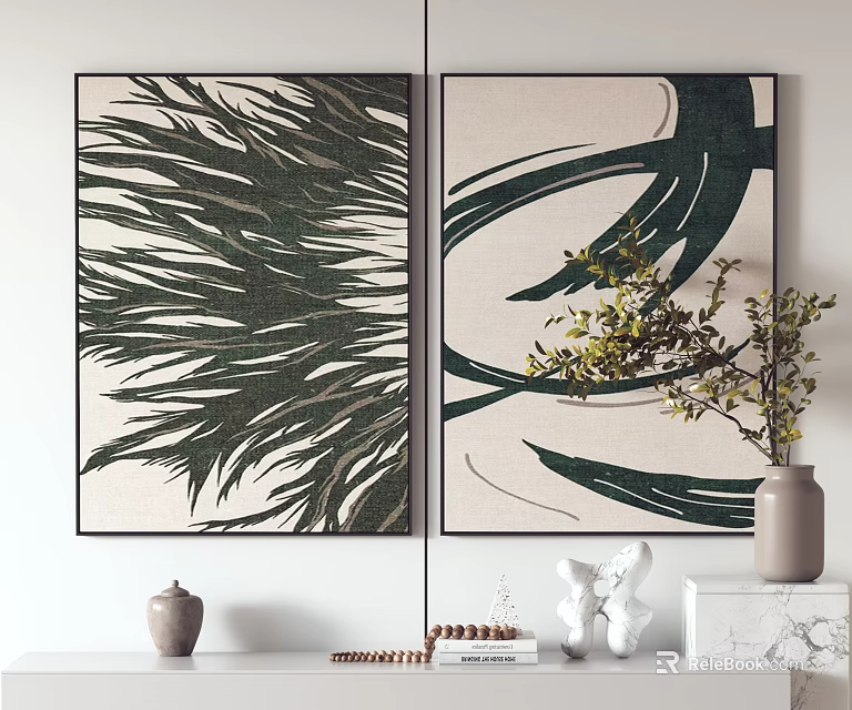 Indoor Interior Decor With Green Leaf Artworks And Decorative Plants On Shelf 3d model 
