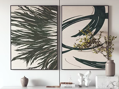 Indoor Interior Decor With Green Leaf Artworks And Decorative Plants On Shelf 3d model