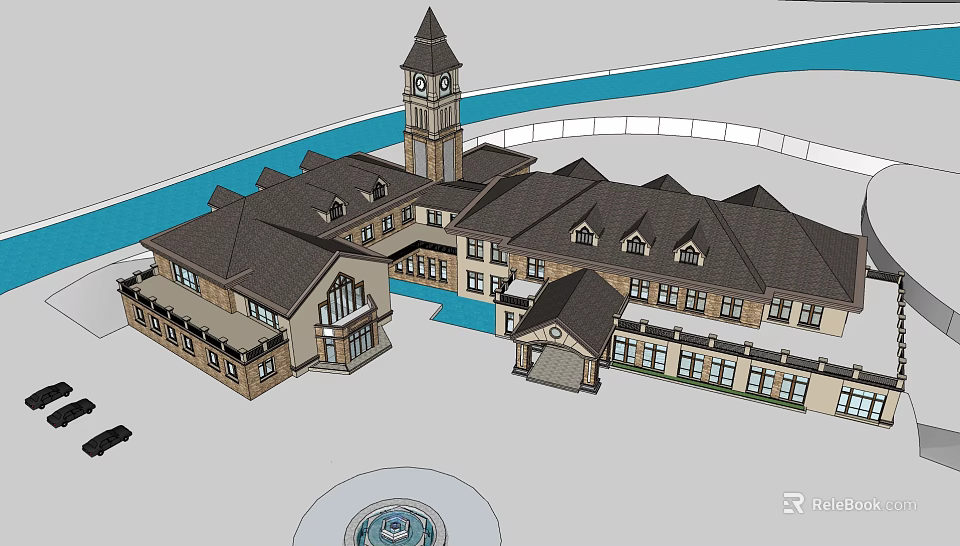Traditional Building Complex Featuring Clock Tower Dark Roofs And Circular Fountain Pool 3d model