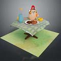 Dining Table With Green Checkered Tablecloth Cake Waffles Yellow Cup Blue Vase And Green Rug