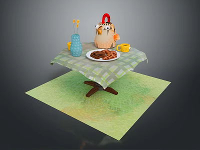 Dining Table With Green Checkered Tablecloth Cake Waffles Yellow Cup Blue Vase And Green Rug 3d model
