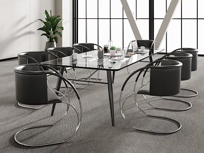 Modern Glass Top Conference Table With Black Wireframe Chairs And Potted Plant In Bright Office 3d model