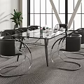 Modern Glass Top Conference Table With Black Wireframe Chairs And Potted Plant In Bright Office
