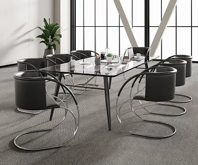 Modern Glass Top Conference Table With Black Wireframe Chairs And Potted Plant In Bright Office 3d model