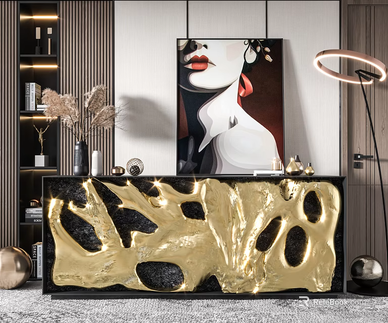 Modern Entryway Console Cabinet With Gold Black Pattern Floor Lamp And Art Decor 3d model 