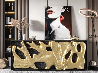 Modern Entryway Console Cabinet With Gold Black Pattern Floor Lamp And Art Decor 3d model