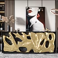 Modern Entryway Console Cabinet With Gold Black Pattern Floor Lamp And Art Decor
