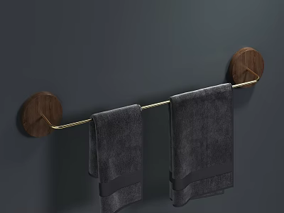 Modern Bathroom Rack with Wooden Bases Golden Rod and Dark Gray Towels on Gray Wall 3d model