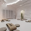 Serene SPA Sauna Interior With Wavy Walls Stone Seats And Wooden Tables