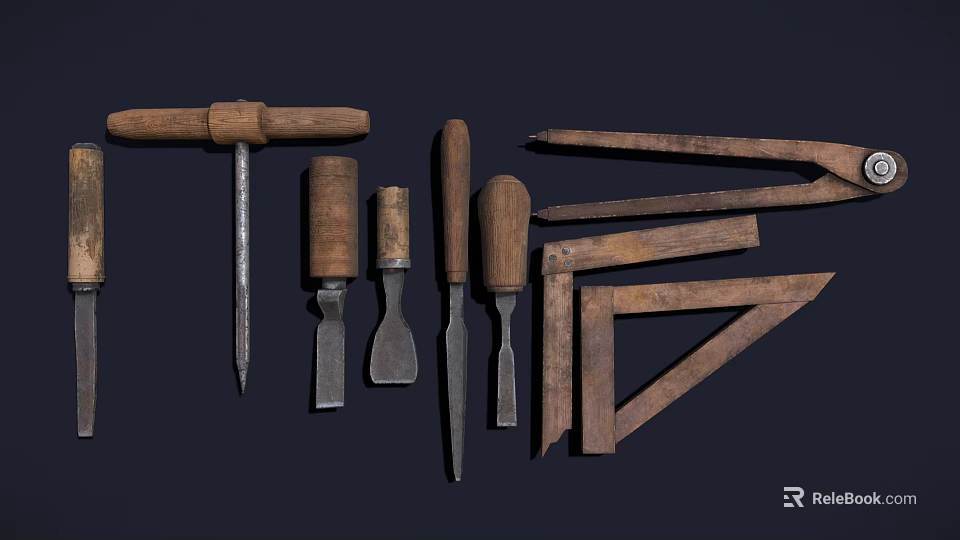 Vintage Hardware Tools Collection with Wooden Handles Chisels Pliers and Triangle Rulers 3d model 