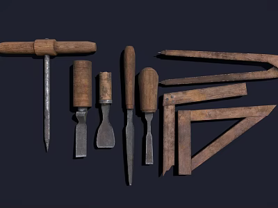 Vintage Hardware Tools Collection with Wooden Handles Chisels Pliers and Triangle Rulers 3d model