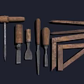Vintage Hardware Tools Collection with Wooden Handles Chisels Pliers and Triangle Rulers