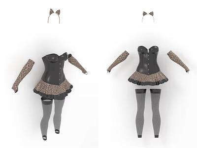 Women's Fashion Outfit With Black Corset Leopard Print Sleeves Skirt Gray Stockings And Bow Hairpieces 3d model