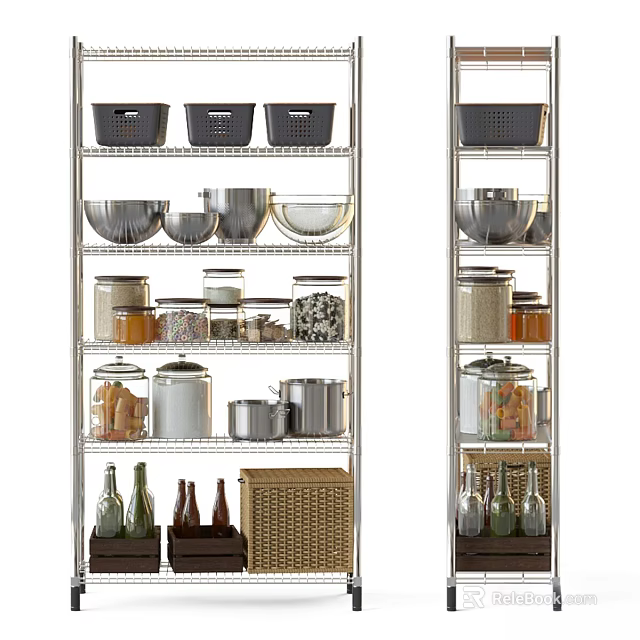 Stainless Steel Storage Shelves with Black Baskets Pots Jars Food Items and Wicker Basket 3d model 