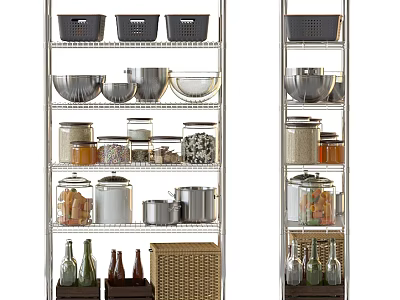 Stainless Steel Storage Shelves with Black Baskets Pots Jars Food Items and Wicker Basket 3d model
