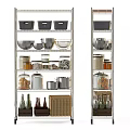 Stainless Steel Storage Shelves with Black Baskets Pots Jars Food Items and Wicker Basket